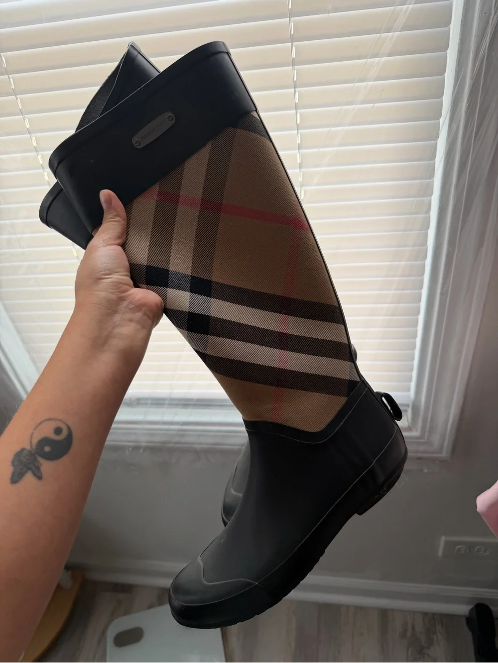 Burberry women’s Black & Beige Check Rain Boots